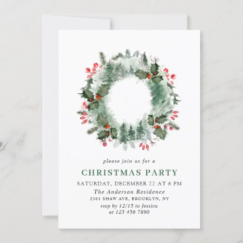 Landscape Wreath Holly Berry Pine Forest Christmas Invitation