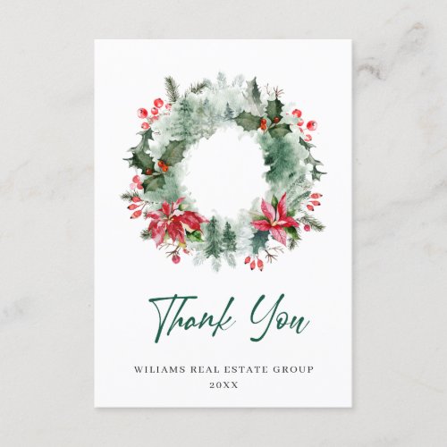 Landscape Wreath Holly Berry Pine Forest Christmas Thank You Card