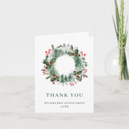 Landscape Wreath Holly Berry Pine Forest Christmas Thank You Card