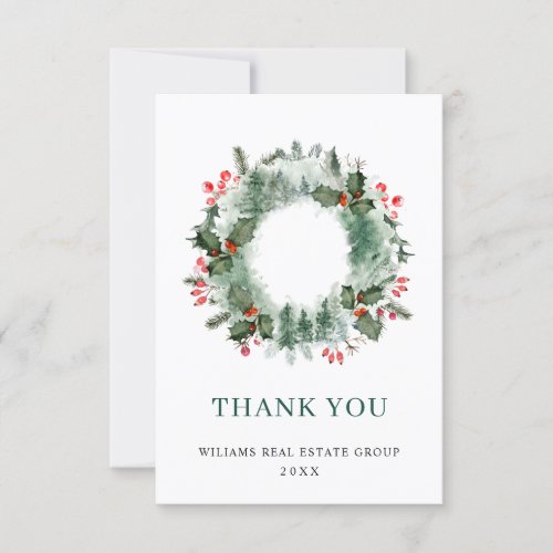 Landscape Wreath Holly Berry Pine Forest Christmas Thank You Card