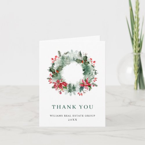Landscape Wreath Holly Berry Pine Forest Christmas Thank You Card