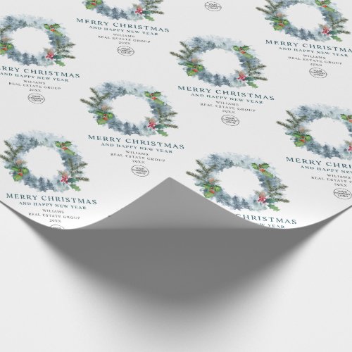 Landscape Wreath Holly Berry Pine Forest Christmas Wrapping Paper