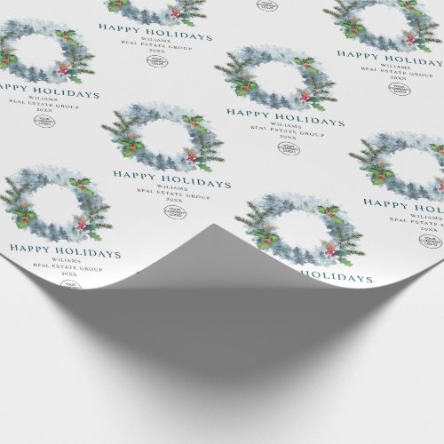 Landscape Wreath Holly Berry Pine Forest Christmas Wrapping Paper