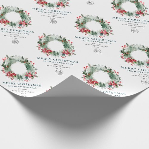 Landscape Wreath Holly Berry Pine Forest Christmas Wrapping Paper