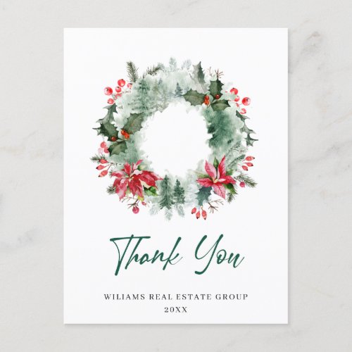 Landscape Wreath Holly Berry Pine Forest Thank You Postcard