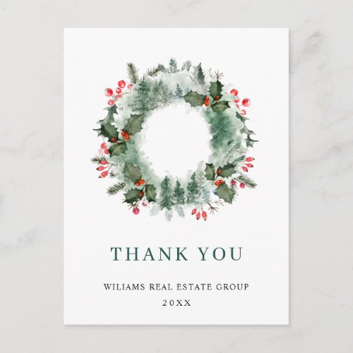 Landscape Wreath Holly Berry Pine Forest Thank You Postcard