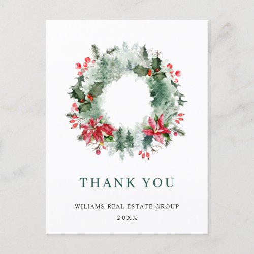 Landscape Wreath Holly Berry Pine Forest Thank You Postcard