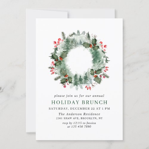 Landscape Wreath Holly Berry Pine HOLIDAY BRUNCH Invitation