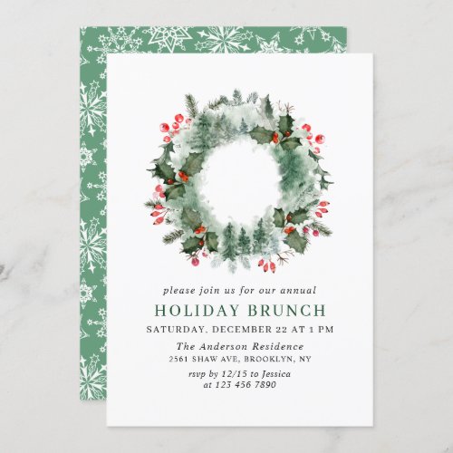 Landscape Wreath Holly Berry Pine HOLIDAY BRUNCH Invitation