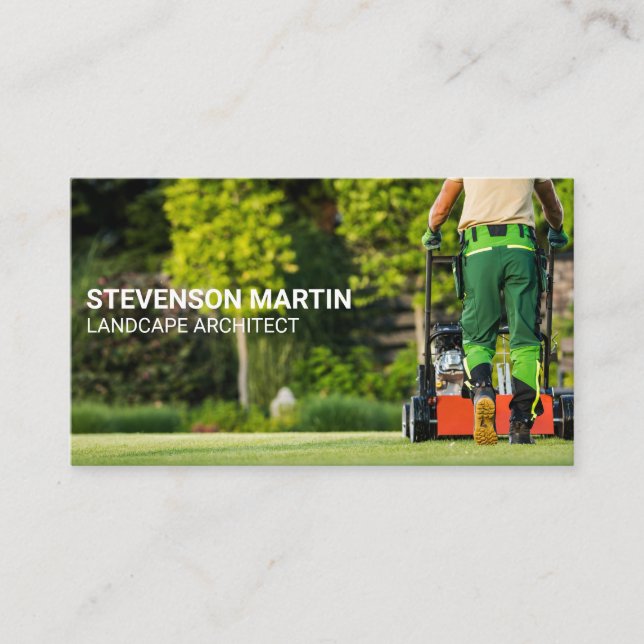 Landscaper Cutting Lawn | Gardener Business Card (Front)