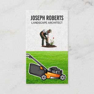 Landscaper Planting in the Garden Lawn Mower Business Card