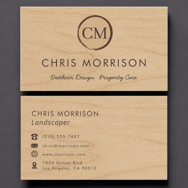 Landscaper Rustic Wood Monogram Professional Business Card (Creator Uploaded)