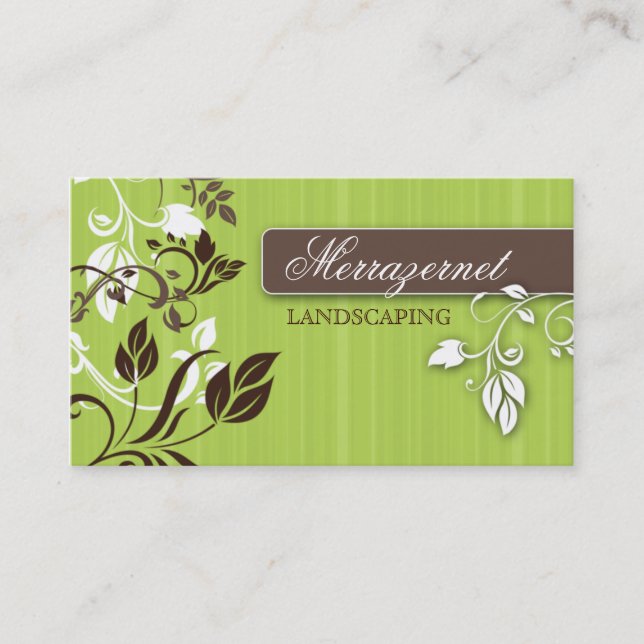 Landscaping Business Card Brown Lime Leaves Stripe (Front)