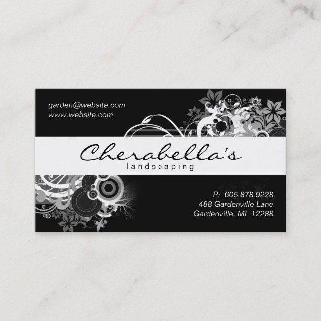 Landscaping Floral Business Card Black White (Front)