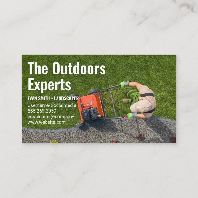 Landscaping | Gardener Mowing Lawn  Business Card (Front)
