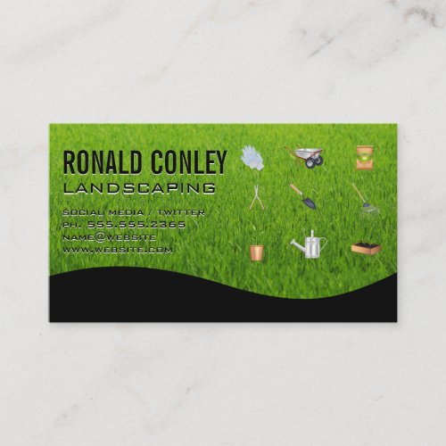 Landscaping Gardening Tools  Grass Background Business Card