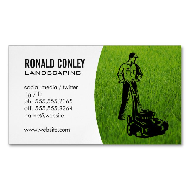 Landscaping Grass | Gardener Cutting Lawn Business Card Magnet (Front)