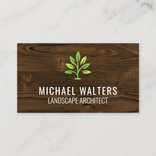 Landscaping Green Plant Icon  Wood Background Business Card