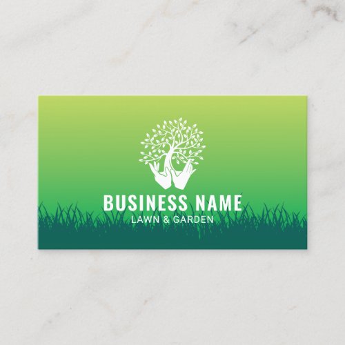Landscaping  Lawn Care Hands Holding Tree Logo Business Card