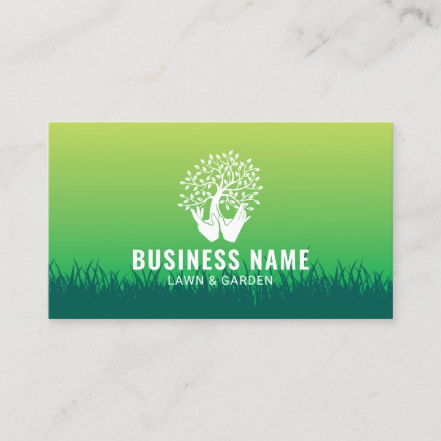 Landscaping & Lawn Care Hands Holding Tree Logo Business Card (Front)