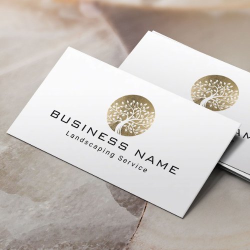 Landscaping Lawn Care Modern Gold Tree Logo Business Card