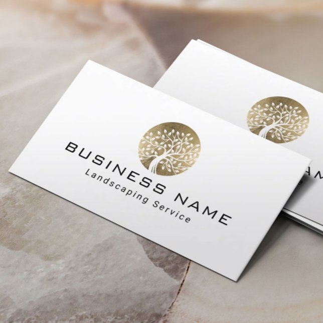 Landscaping Lawn Care Modern Gold Tree Logo Business Card (Creator Uploaded)