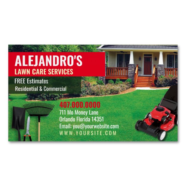 Landscaping Lawn Care Mower Template Business Card Magnet (Front)