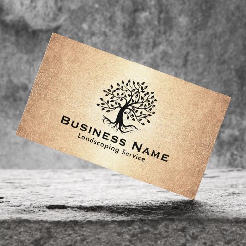 Landscaping  Lawn Care Tree Logo Vintage Gold Business Card