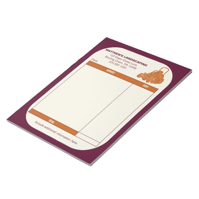 Landscaping Lawn Mowing Business Receipt Invoice Notepad (Angled)