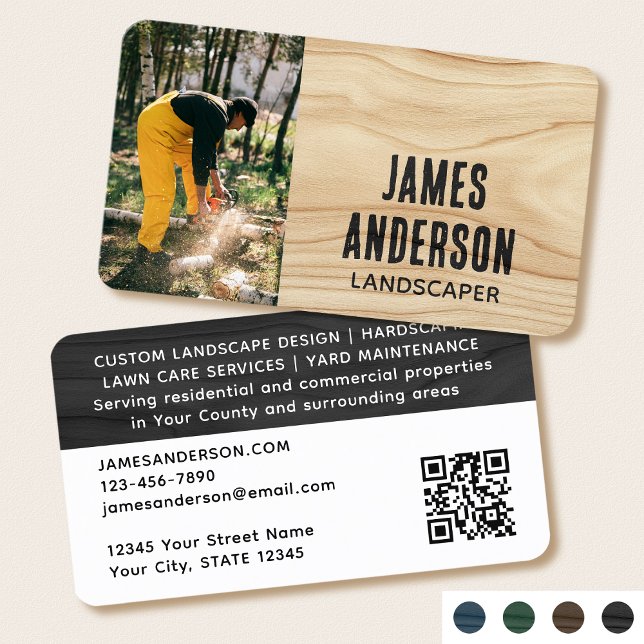 Landscaping Rustic Photo Woodgrain Black Modern Business Card (Creator Uploaded)