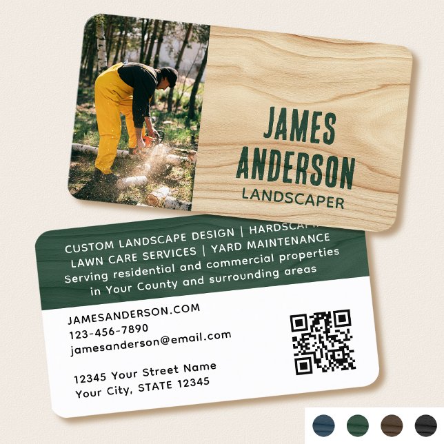 Landscaping Rustic Photo Woodgrain Green Modern Business Card (Creator Uploaded)