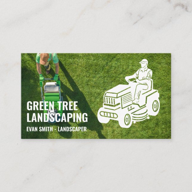 Landscaping | Sitting Lawn Mower | Gardening Business Card (Front)