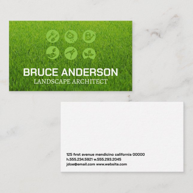 Landscaping Tools Icons | Grass Background Business Card (Front/Back)