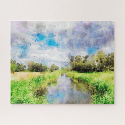 Landschaft im Havelland Weide am Fluss Aquarell Jigsaw Puzzle