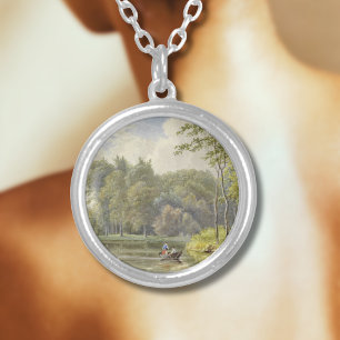 Landschap met Figuren in een Roeibootje Vintage Silver Plated Necklace