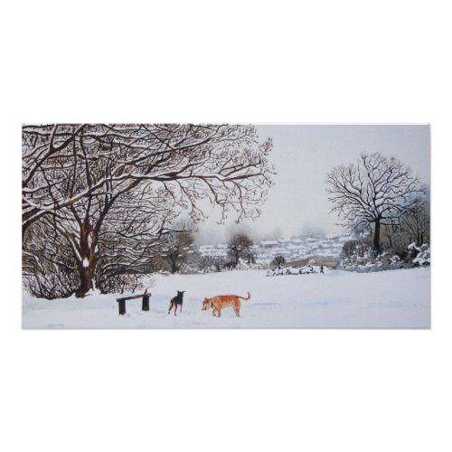 landscpe painting of dogs in winter snow scene poster