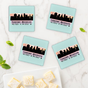 Lansing MI City Skyline Latitude and Longitude Coaster Set