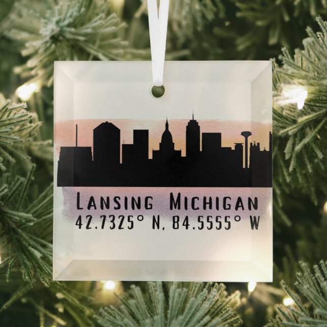 Lansing MI City Skyline Latitude and Longitude  Glass Ornament (Insitu)