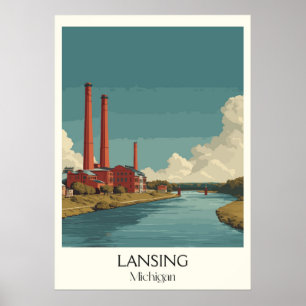 Lansing Michigan Vintage Capitol River Art Poster