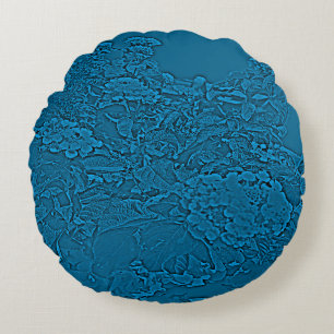 Lantana Floral Teal Blue Design Round Pillow