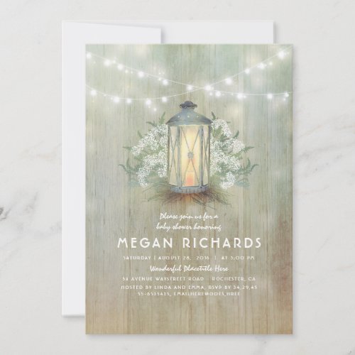 Lantern and Baby's Breath Rustic Baby Shower Invitation - Lamp or candle lantern and elegant baby's breath flowers rustic country baby shower invitation.