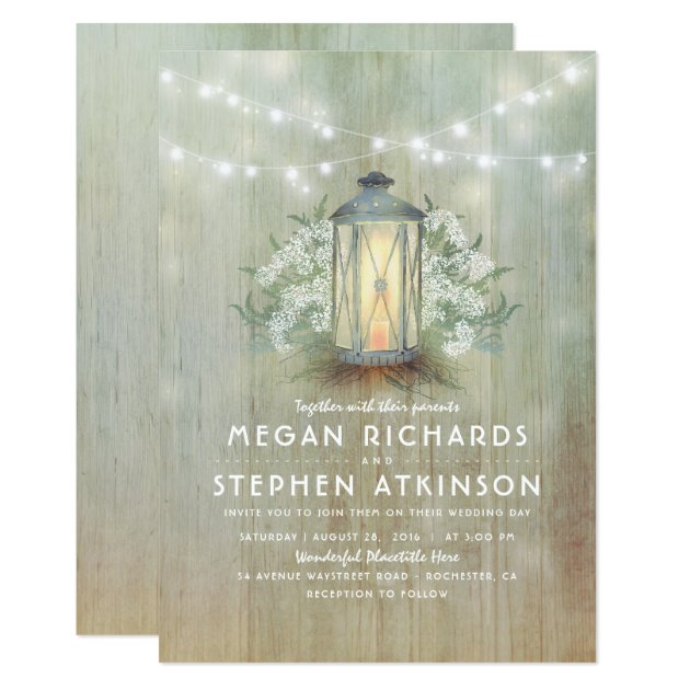 Lantern And Baby's Breath Rustic Summer Wedding Invitation