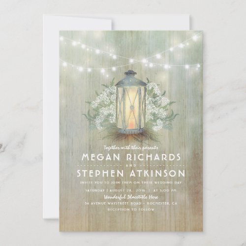 Lantern and Babys Breath Rustic Summer Wedding Invitation