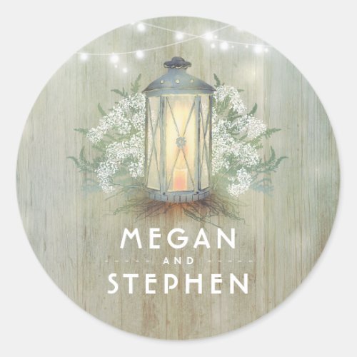Lantern and Baby's Breath Rustic Wood Wedding Classic Round Sticker - The vintage lantern and baby's breath flowers rustic country wedding seal