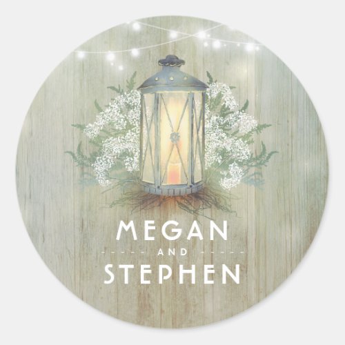 Lantern and Babys Breath Rustic Wood Wedding Classic Round Sticker