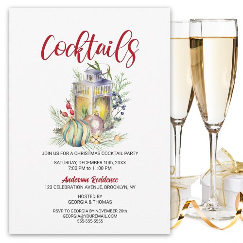 Lantern and Baubles Christmas Cocktail Party Invitation