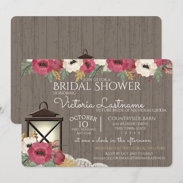 Lantern and Flowers Burgundy Bridal Shower Invitation (Front/Back)