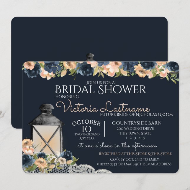 Lantern and Flowers Navy Blue Bridal Shower Invitation (Front/Back)