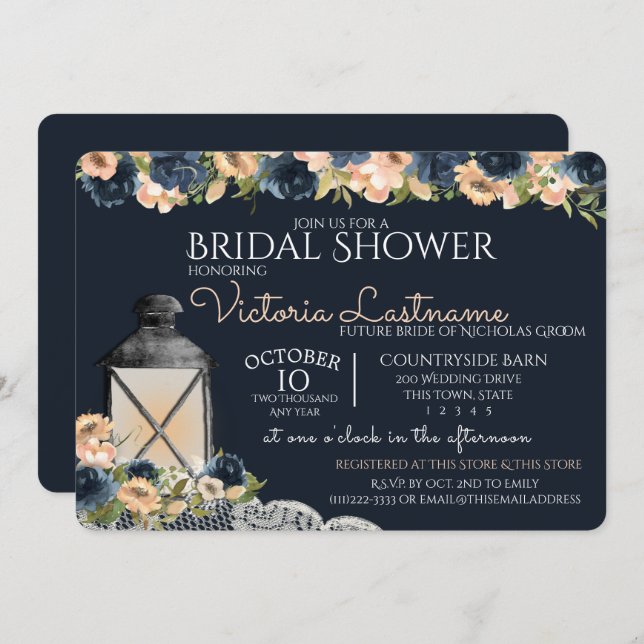 Lantern and Flowers Navy Blue Bridal Shower Invitation (Front/Back)