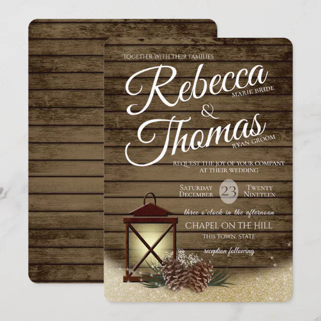 Lantern and Pine Cones Rustic Winter Wedding Invitation | Zazzle